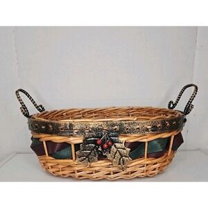 Christmas Vintage Wicker Basket W Metal Trim, Handles. & Mistle Toe Large Rustic